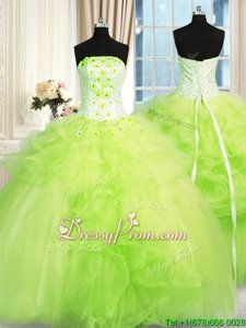 Popular Strapless Sleeveless Quinceanera Dress Floor Length Beading and Ruffles Spring Green Tulle