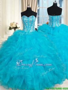 Luxurious Aqua Blue Sweetheart Neckline Beading and Ruffles 15 Quinceanera Dress Sleeveless Lace Up