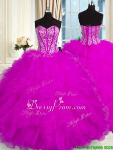 Fantastic Fuchsia Sleeveless Beading and Ruffles Floor Length Quinceanera Gowns