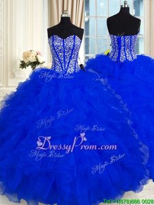 Amazing Sleeveless Floor Length Beading and Ruffles Lace Up Quinceanera Dresses with Royal Blue
