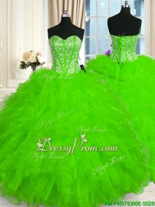 Custom Made Spring Green Sleeveless Floor Length Beading and Ruffles Lace Up Quinceanera Gown