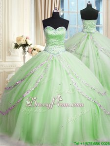 Admirable Beading and Appliques Quinceanera Dress Apple Green Lace Up Sleeveless With Train Court Train