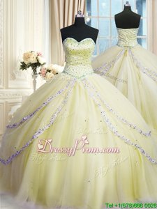 Beauteous Light Yellow Lace Up Sweetheart Beading and Appliques Quinceanera Dress Organza Sleeveless Court Train