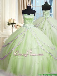 Pretty Sweetheart Sleeveless Court Train Lace Up Vestidos de Quinceanera Yellow Green Tulle