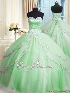 Fabulous Sleeveless With Train Beading and Appliques Lace Up Sweet 16 Dresses with Spring Green Court Train