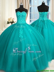Sweetheart Sleeveless Quinceanera Gown Floor Length Appliques and Embroidery Teal Tulle
