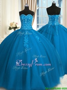Modest Spring and Summer and Fall and Winter Tulle Sleeveless Floor Length Quinceanera Gown andAppliques and Embroidery