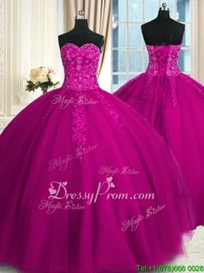 Extravagant Ball Gowns 15th Birthday Dress Fuchsia Sweetheart Tulle Sleeveless Floor Length Lace Up