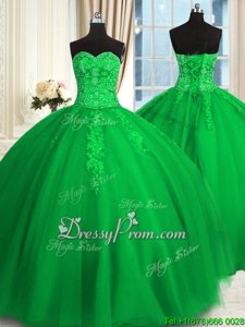Green Lace Up Sweetheart Appliques and Embroidery 15 Quinceanera Dress Tulle Sleeveless