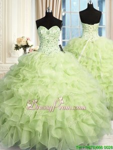 Fantastic Yellow Green Quince Ball Gowns Military Ball and Sweet 16 and Quinceanera and For withBeading and Ruffles Sweetheart Sleeveless Lace Up