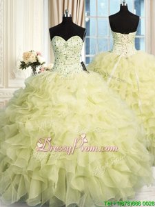 Unique Yellow Organza Lace Up Sweetheart Sleeveless Floor Length Sweet 16 Quinceanera Dress Beading and Ruffles