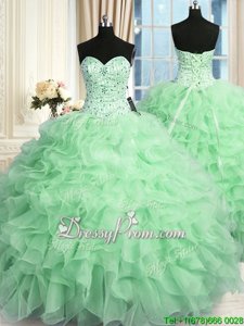 Floor Length Lace Up Sweet 16 Dress Apple Green and In forMilitary Ball and Sweet 16 and Quinceanera withBeading and Ruffles