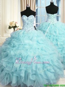 Suitable Sleeveless Lace Up Floor Length Beading and Ruffles Quinceanera Gowns