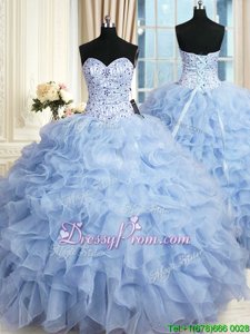 New Style Sweetheart Sleeveless Quinceanera Gowns Floor Length Beading and Ruffles Light Blue Organza