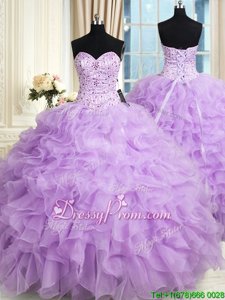Adorable Sleeveless Organza Floor Length Lace Up Quinceanera Gowns inLavender forSpring and Summer and Fall and Winter withBeading and Ruffles