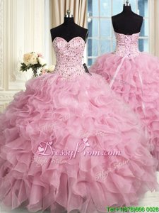 Rose Pink Ball Gowns Beading and Ruffles Ball Gown Prom Dress Lace Up Organza Sleeveless Floor Length