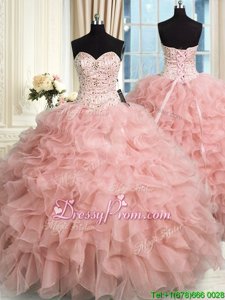 Designer Baby Pink Ball Gowns Beading and Ruffles Sweet 16 Quinceanera Dress Lace Up Organza Sleeveless Floor Length