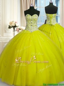 Elegant Yellow Green Tulle Lace Up 15th Birthday Dress Sleeveless Floor Length Beading and Sequins