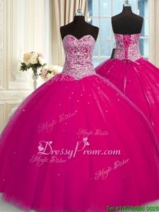 Edgy Fuchsia Lace Up 15 Quinceanera Dress Beading and Sequins Sleeveless Floor Length