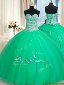 Glorious Sleeveless Tulle Floor Length Lace Up Quince Ball Gowns inApple Green forSpring and Summer and Fall and Winter withBeading and Sequins
