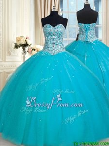 Captivating Sleeveless Tulle Floor Length Lace Up Vestidos de Quinceanera inAqua Blue forSpring and Summer and Fall and Winter withBeading and Sequins