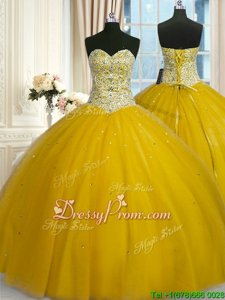 Colorful Yellow Sleeveless Beading and Sequins Floor Length Quinceanera Dress