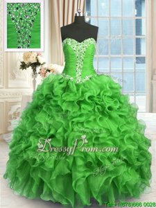 Customized Green Lace Up Sweetheart Beading and Ruffles 15th Birthday Dress Organza Sleeveless