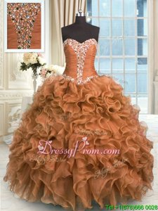 Ideal Floor Length Brown Quinceanera Gowns Organza Sleeveless Spring and Summer and Fall and Winter Beading and Ruffles
