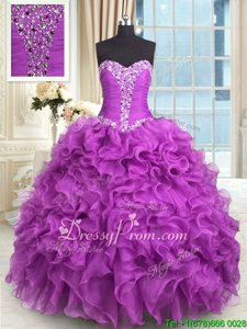 Eye-catching Purple Organza Lace Up Sweetheart Sleeveless Floor Length Quinceanera Dresses Beading and Ruffles