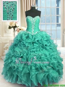 Trendy Sleeveless Organza Floor Length Lace Up 15th Birthday Dress inTurquoise forSpring and Summer and Fall and Winter withBeading and Ruffles