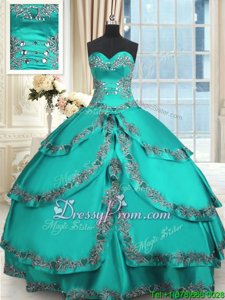 New Style Turquoise Taffeta Lace Up 15th Birthday Dress Sleeveless Floor Length Beading and Embroidery and Ruffled Layers
