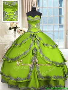 Deluxe Spring Green and Yellow Green Sleeveless Floor Length Beading and Embroidery and Ruffled Layers Lace Up Vestidos de Quinceanera