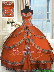 Top Selling Rust Red Ball Gowns Sweetheart Sleeveless Taffeta Floor Length Lace Up Beading and Embroidery and Ruffled Layers Ball Gown Prom Dress