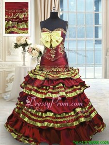 Affordable Wine Red Taffeta Lace Up 15th Birthday Dress Sleeveless Sweep Train Appliques and Embroidery and Ruffled Layers and Bowknot