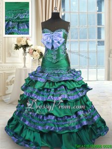 Custom Fit Sweetheart Sleeveless Brush Train Lace Up Quinceanera Gowns Dark Green Taffeta