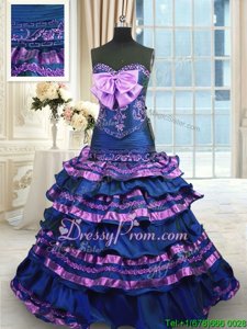 Custom Designed Sweetheart Sleeveless Taffeta Quinceanera Dresses Appliques and Ruffled Layers and Bowknot Brush Train Lace Up