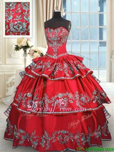 Beauteous Embroidery and Ruffled Layers Ball Gown Prom Dress Red Lace Up Sleeveless Floor Length