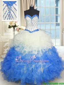 Custom Fit Sweetheart Sleeveless Lace Up 15 Quinceanera Dress Blue And White Organza