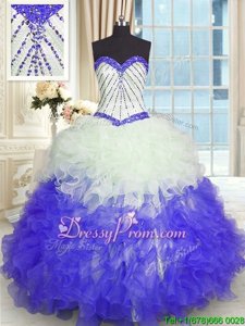 Trendy Sweetheart Sleeveless Lace Up Ball Gown Prom Dress Blue And White Organza