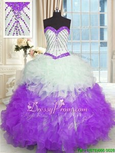 Edgy Floor Length White And Purple Vestidos de Quinceanera Organza Sleeveless Spring and Summer and Fall and Winter Beading and Ruffles