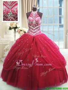 Sweet Red Ball Gowns Tulle High-neck Sleeveless Beading Floor Length Lace Up Sweet 16 Dress