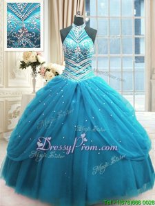 Baby Blue Ball Gowns Beading Vestidos de Quinceanera Lace Up Tulle Sleeveless Floor Length