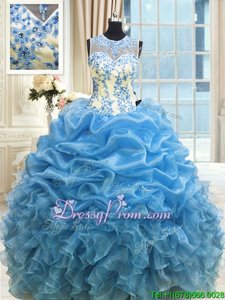 Fashion Baby Blue Scoop Zipper Beading and Ruffles Quince Ball Gowns Sleeveless