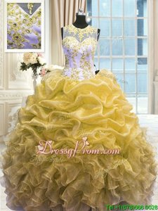 Pretty Sleeveless Floor Length Beading and Ruffles Zipper Quince Ball Gowns with Gold