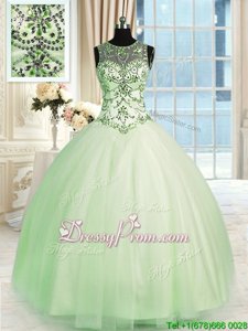 Elegant Sleeveless Tulle Floor Length Lace Up Sweet 16 Quinceanera Dress inApple Green forSpring and Summer and Fall and Winter withBeading