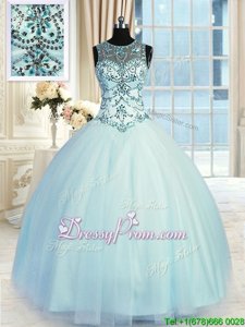 Lovely Light Blue Sleeveless Beading Floor Length Quinceanera Gown