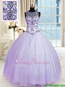 Excellent Lavender Ball Gowns Beading Sweet 16 Dresses Lace Up Tulle Sleeveless Floor Length