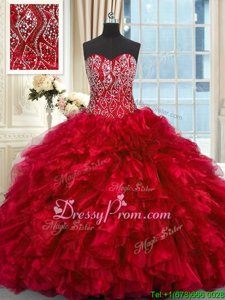 Flirting Red Sleeveless Organza Brush Train Lace Up Quinceanera Dresses forMilitary Ball and Sweet 16 and Quinceanera