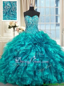 Noble Teal 15 Quinceanera Dress Organza Brush Train Sleeveless Spring and Summer and Fall and Winter Beading and Ruffles