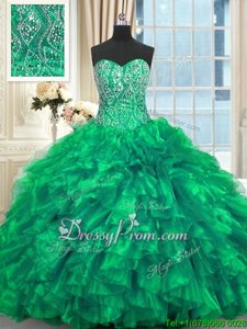 Admirable Turquoise Lace Up Quince Ball Gowns Beading and Ruffles Sleeveless Brush Train